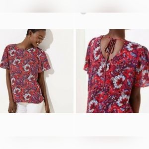 LOFT Red flutter sleeve top periwinkle blue & peach floral short sleeve blouse